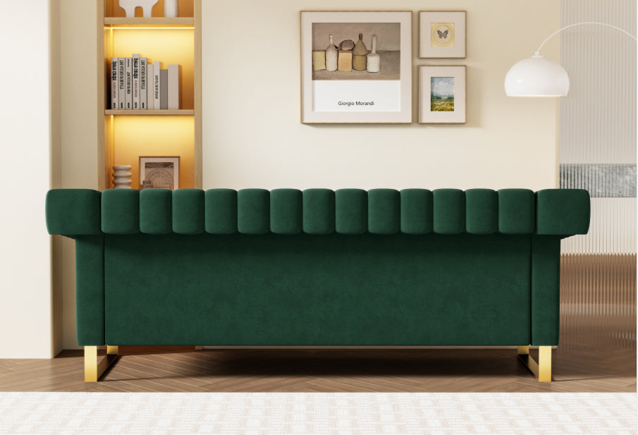 Fx P81 Rg2 Retro Green Sofa Modern Cream Velvet Sofa With Gold Accents Sleek Channel Tufted Upholstery, 3 Seat Couch For Living Room And Office Decor Retro Green Velvet 3 Seat