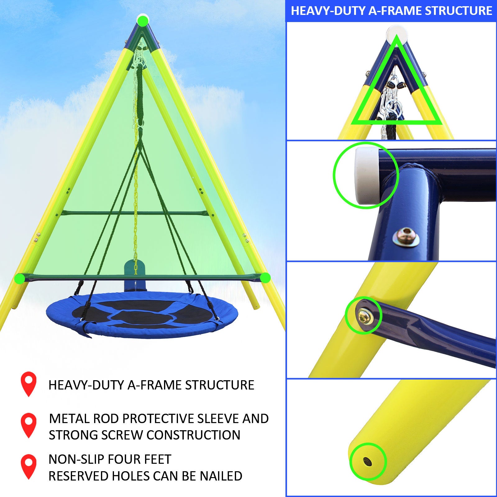 Indoor Outdoor Metal Swing Set With Safety Belt For Backyard Multicolor Steel