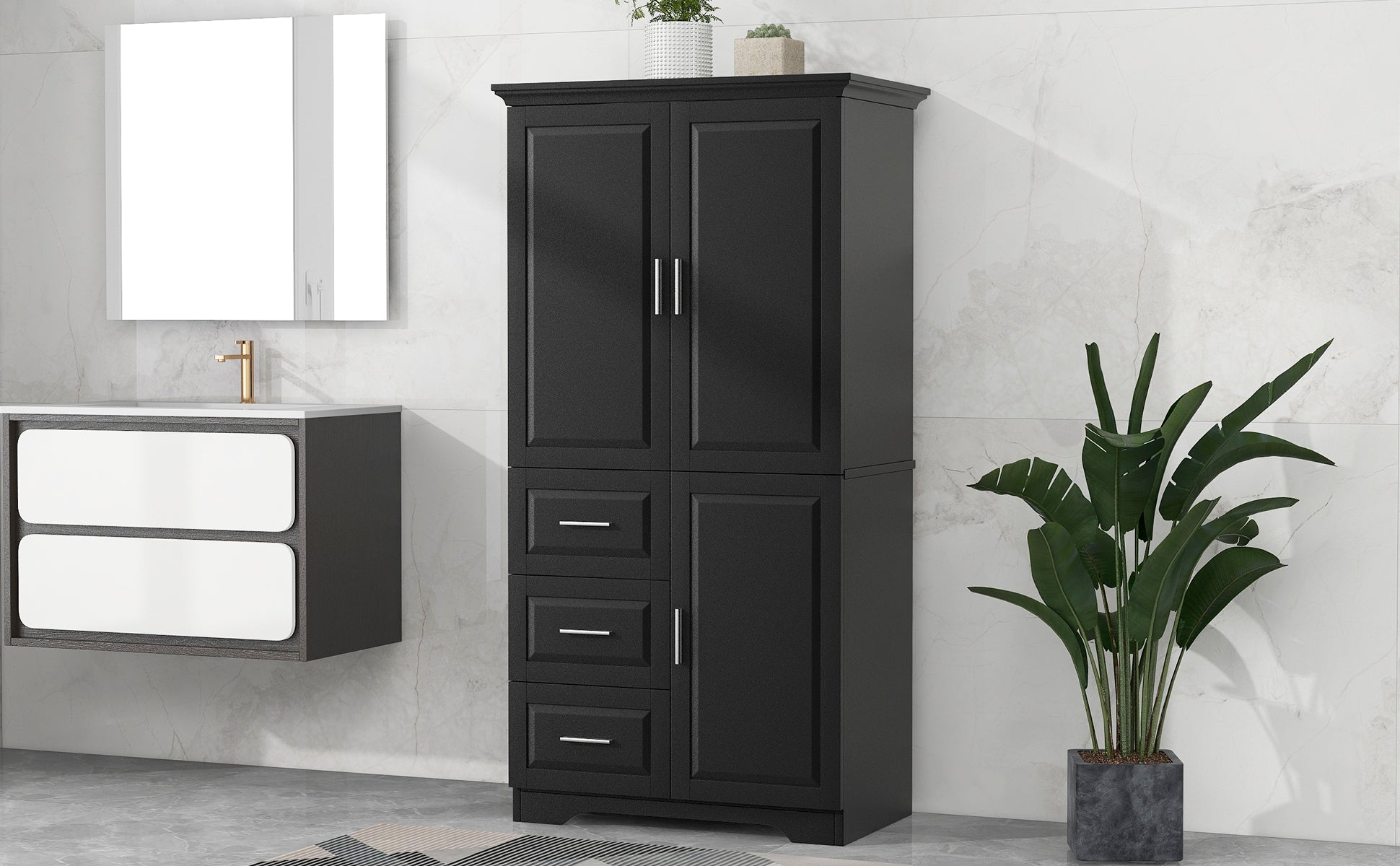 Tall And Wide Storage Cabinet With Doors For Bathroom Office, Three Drawers, Black Black Mdf