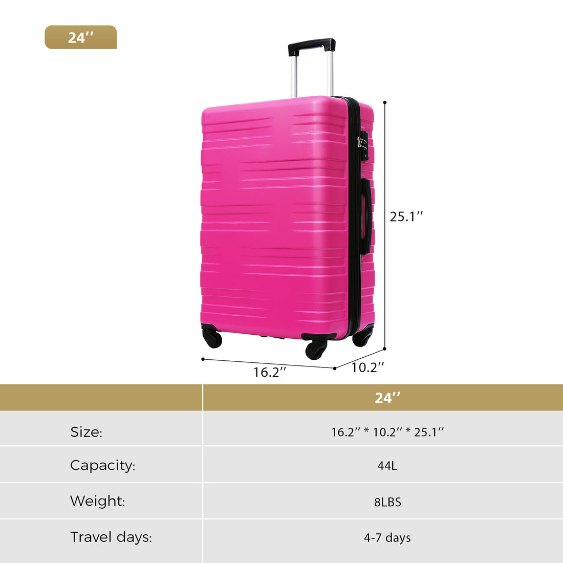 Luggage With Tsa Lock Spinner Wheels Hardside Expandable Luggage Travel Suitcase Check In Luggage Abs 24" Pink Abs