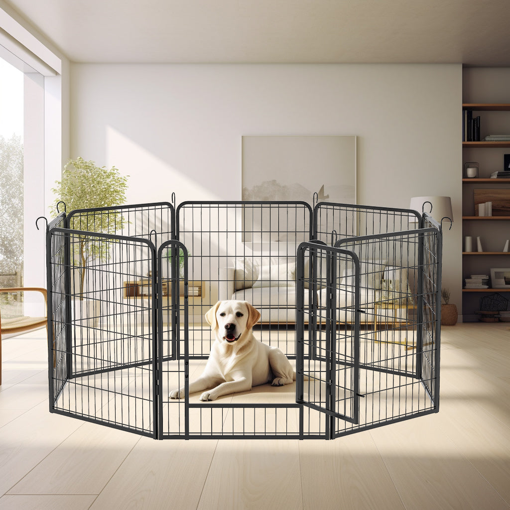 8 Panels Heavy Duty Metal Playpen With Door,31.7"H Dog Fence Pet Exercise Pen For Outdoor, Indoor Black Metal