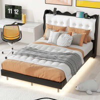 Full Size Upholstery Platform Bed Frame With Led Light Strips And Built In Storage Space,Black Black Upholstered