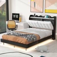 Full Size Upholstery Platform Bed Frame With Led Light Strips And Built In Storage Space,Black Black Upholstered