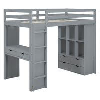 Twin Size Loft Bed With Large Shelves, Writing Desk And Led Light, Gray Gray Solid Wood Mdf