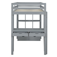 Twin Size Loft Bed With Large Shelves, Writing Desk And Led Light, Gray Gray Solid Wood Mdf