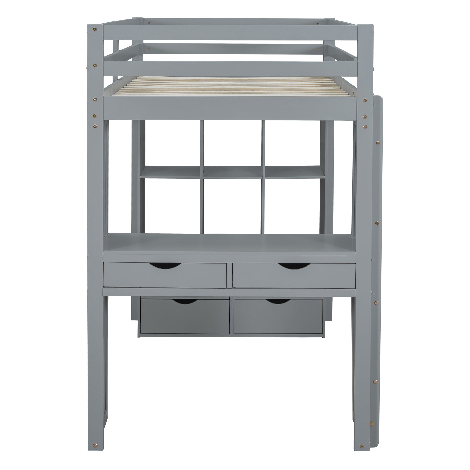 Twin Size Loft Bed With Large Shelves, Writing Desk And Led Light, Gray Gray Solid Wood Mdf