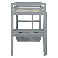 Twin Size Loft Bed With Large Shelves, Writing Desk And Led Light, Gray Gray Solid Wood Mdf