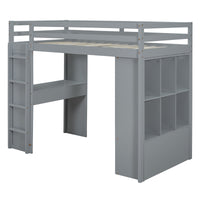 Twin Size Loft Bed With Large Shelves, Writing Desk And Led Light, Gray Gray Solid Wood Mdf