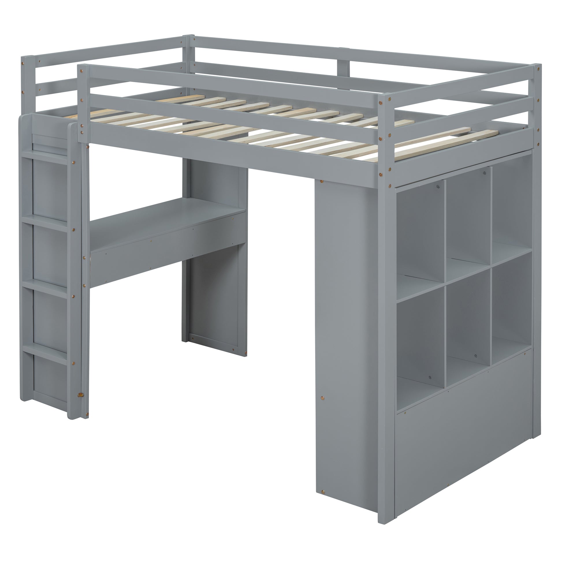 Twin Size Loft Bed With Large Shelves, Writing Desk And Led Light, Gray Gray Solid Wood Mdf