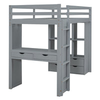 Twin Size Loft Bed With Large Shelves, Writing Desk And Led Light, Gray Gray Solid Wood Mdf