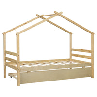 Twin Size House Shaped Bed With Trundle,Natural Twin Natural Wood Bedroom American Design Pine Bed Frame Pine