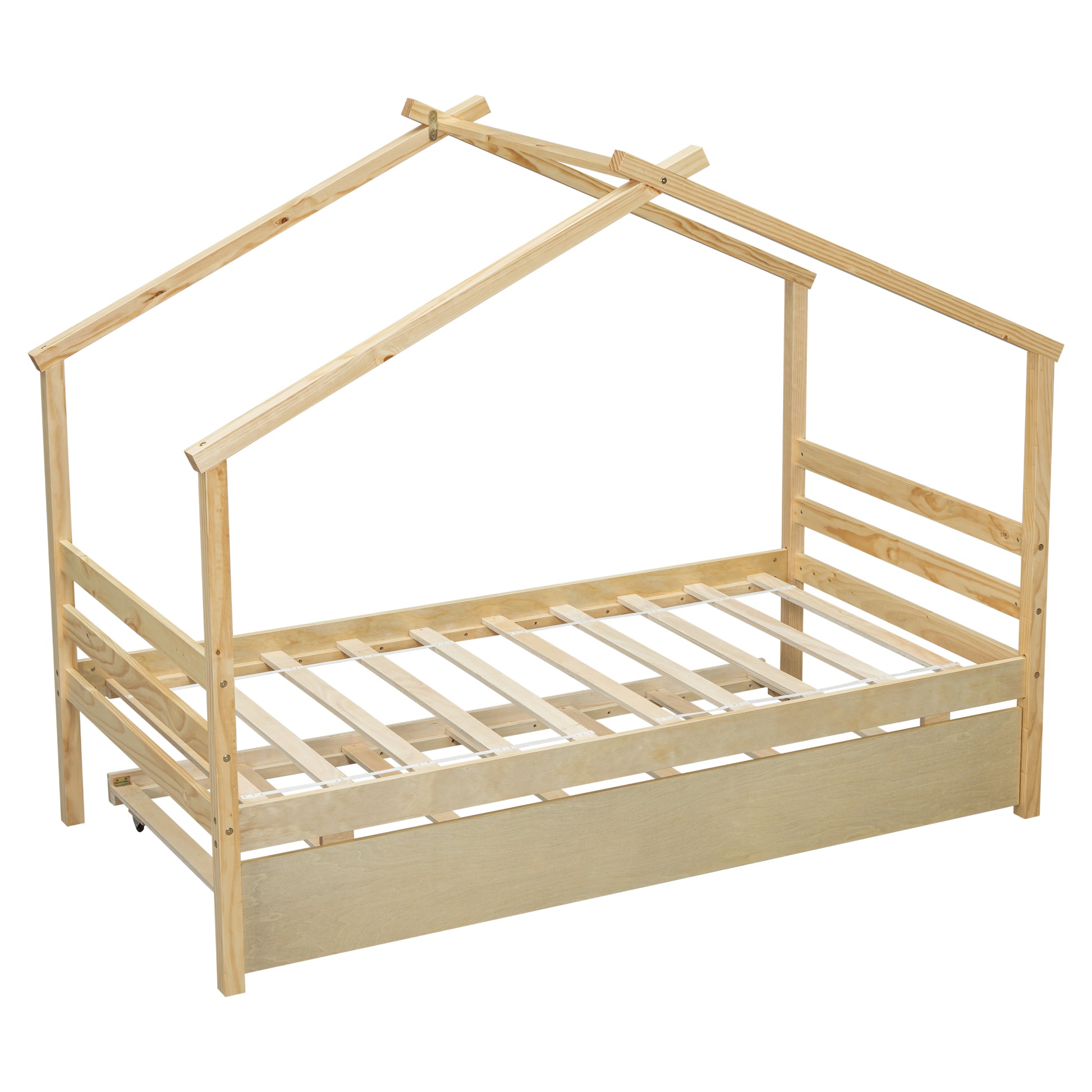 Twin Size House Shaped Bed With Trundle,Natural Twin Natural Wood Bedroom American Design Pine Bed Frame Pine