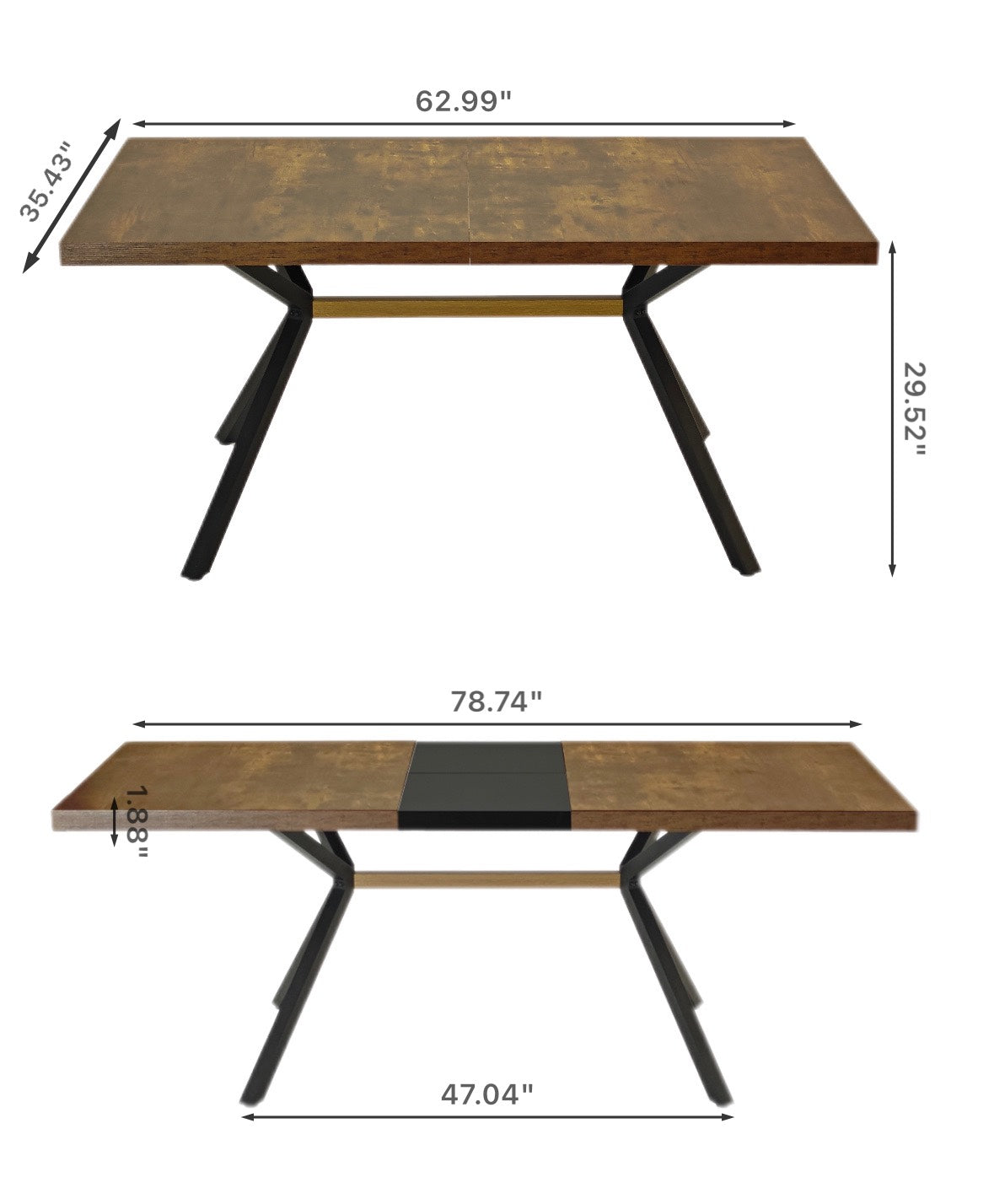 62.99" 78.74" Vintage Rectangular Stretch Dining Table With Antique Wooden Tabletop And Black Embossed Centerboard, Walnut Colored Crossbars, Black Fine Sanded Iron Leg Base Stretch Dining Table Brown Seats 6 Rectangular Mdf Metal