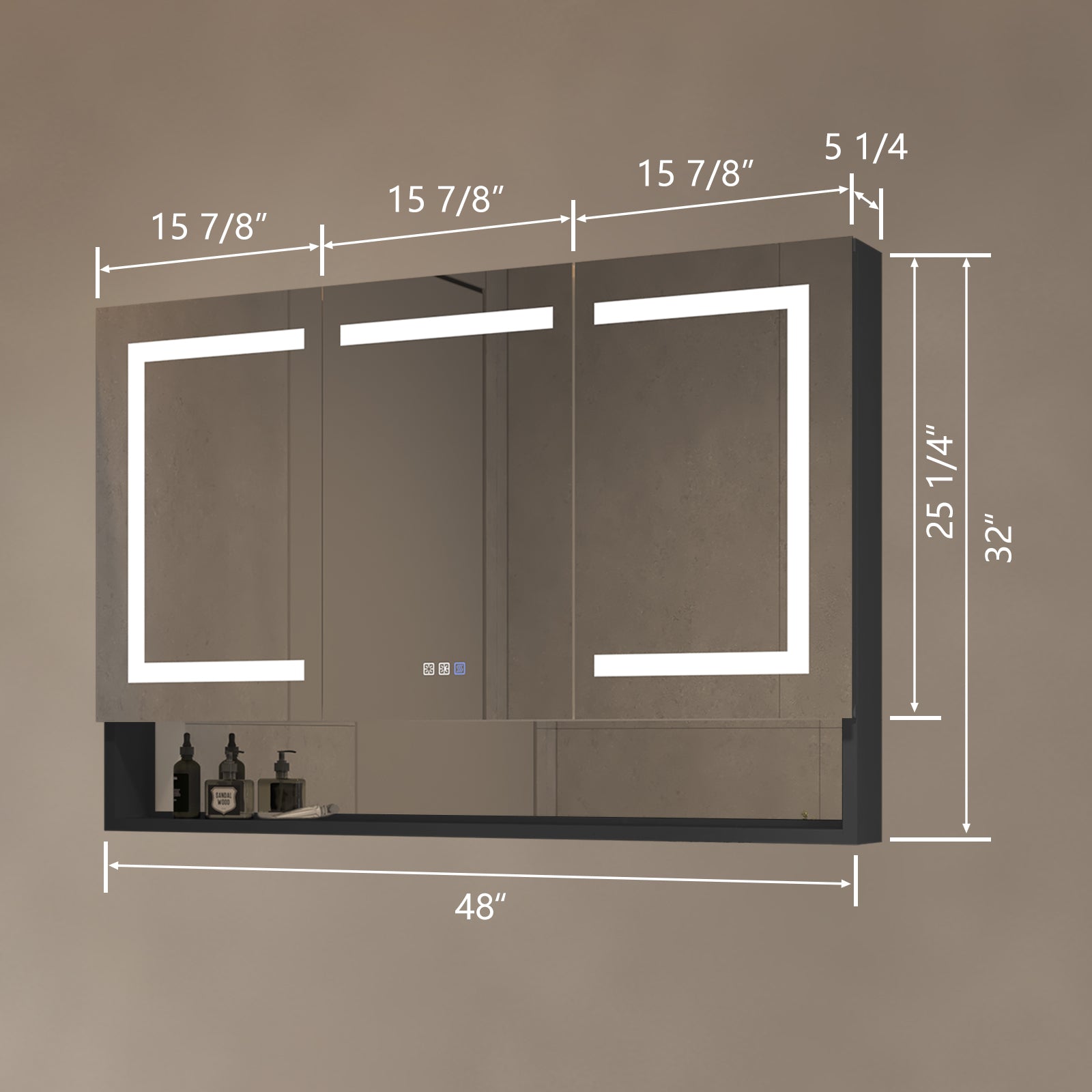 48 In. W X 32 In. H Silver Aluminum Recessed Surface Mount Dimmable Medicine Cabinet With Mirror, Led And Shelves Black Aluminium