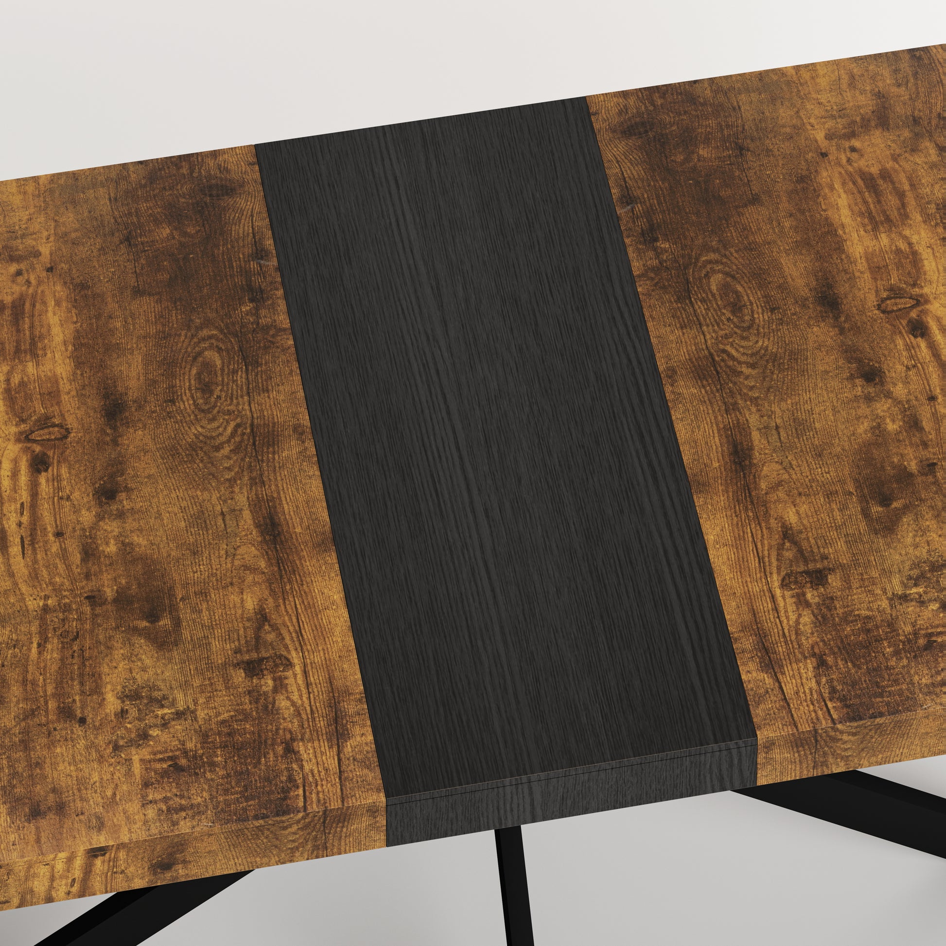 55.11" 70.86"Retro Rectangular Stretch Dining Table, Antique Wood Top And Black Relief Plate, Black Fine Sand Cross Iron Foot Base Dining Table, With Storage Box. Black Brown Seats 6 Rectangular Mdf Metal