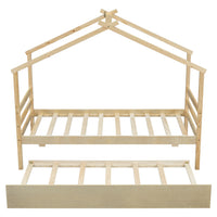 Twin Size House Shaped Bed With Trundle,Natural Twin Natural Wood Bedroom American Design Pine Bed Frame Pine