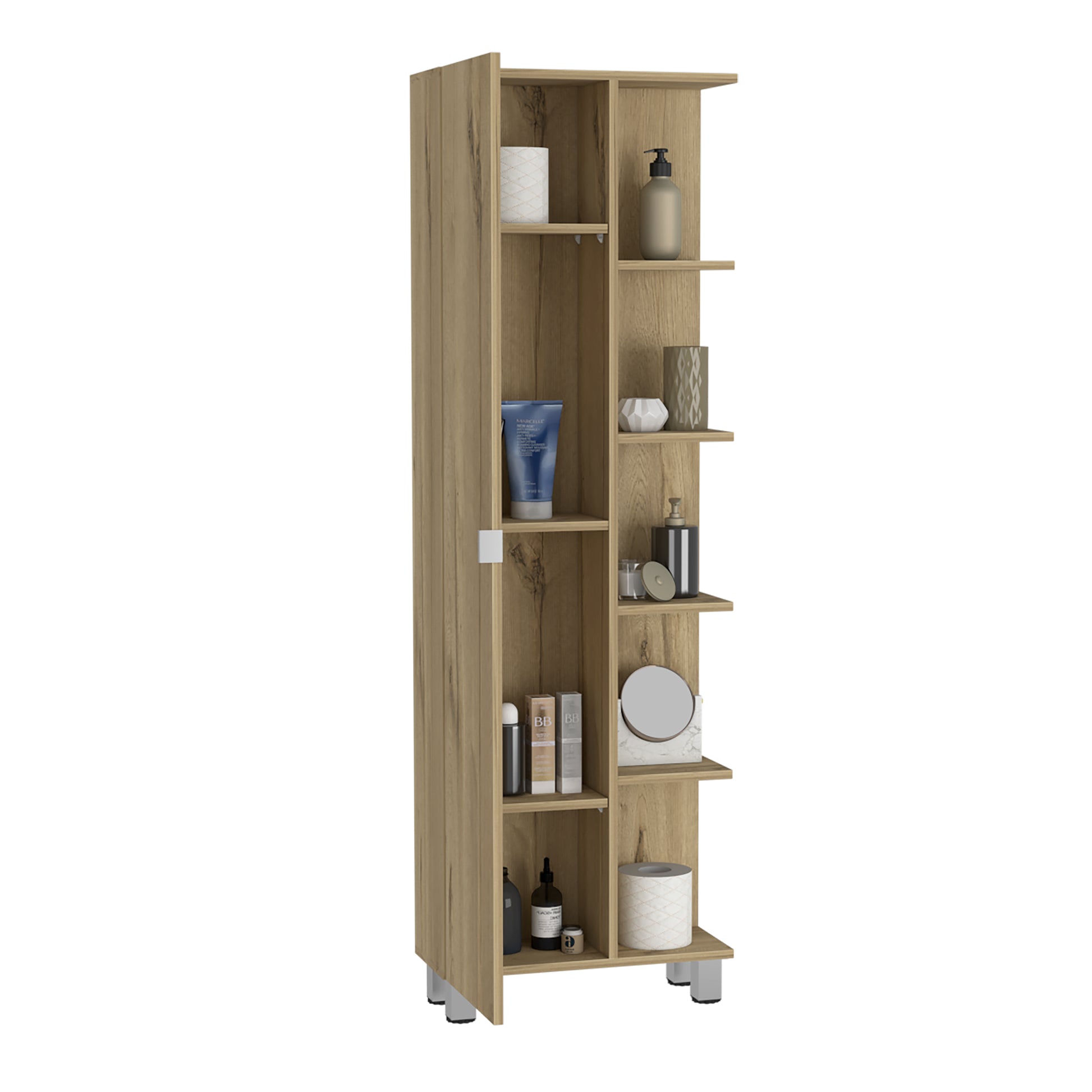 Urano Mirror Linen Cabinet, Four Interior Shelves, Five External Shelves Light Oak Beige 1 5 Bathroom Freestanding Modern Particle Board Particle Board