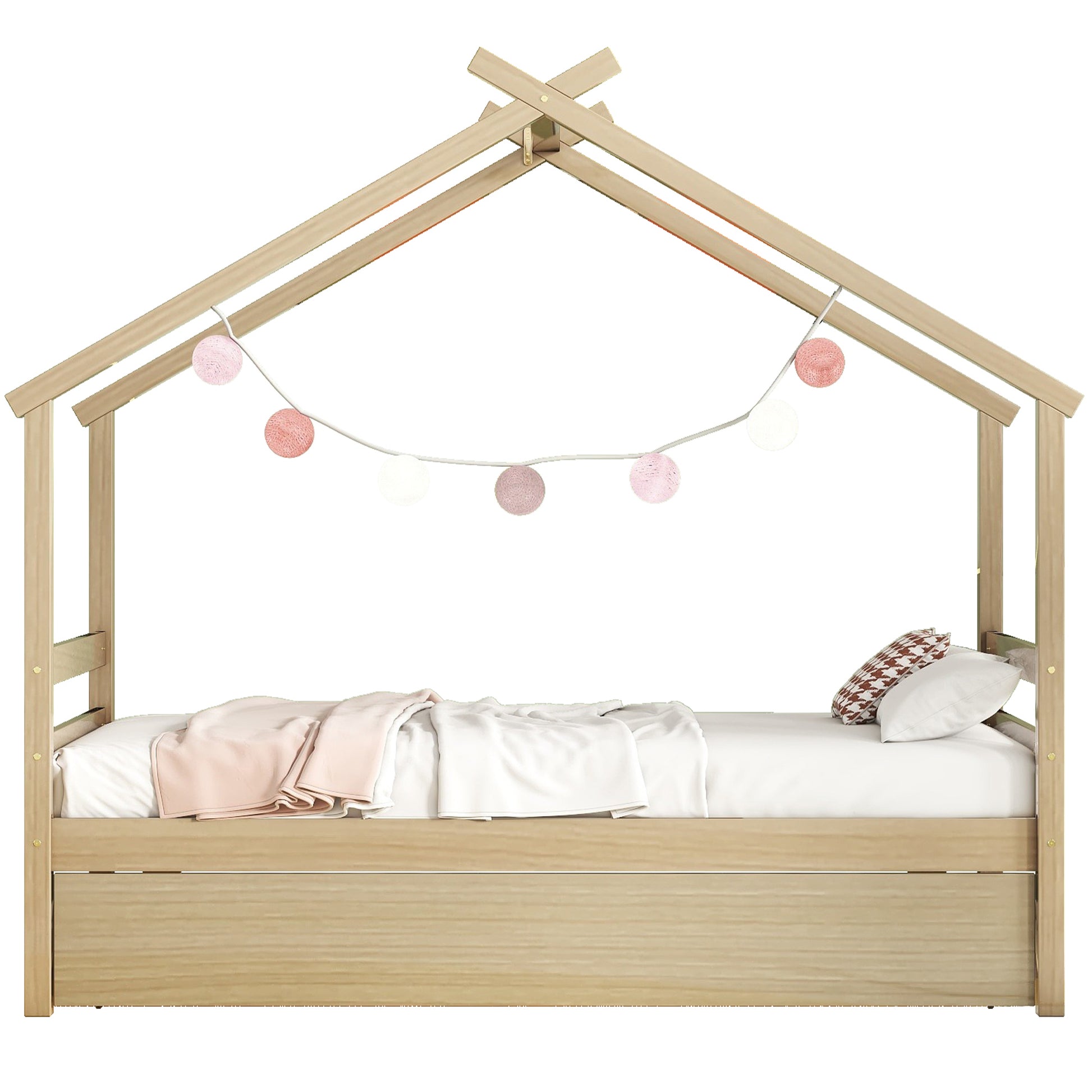 Twin Size House Shaped Bed With Trundle,Natural Twin Natural Wood Bedroom American Design Pine Bed Frame Pine