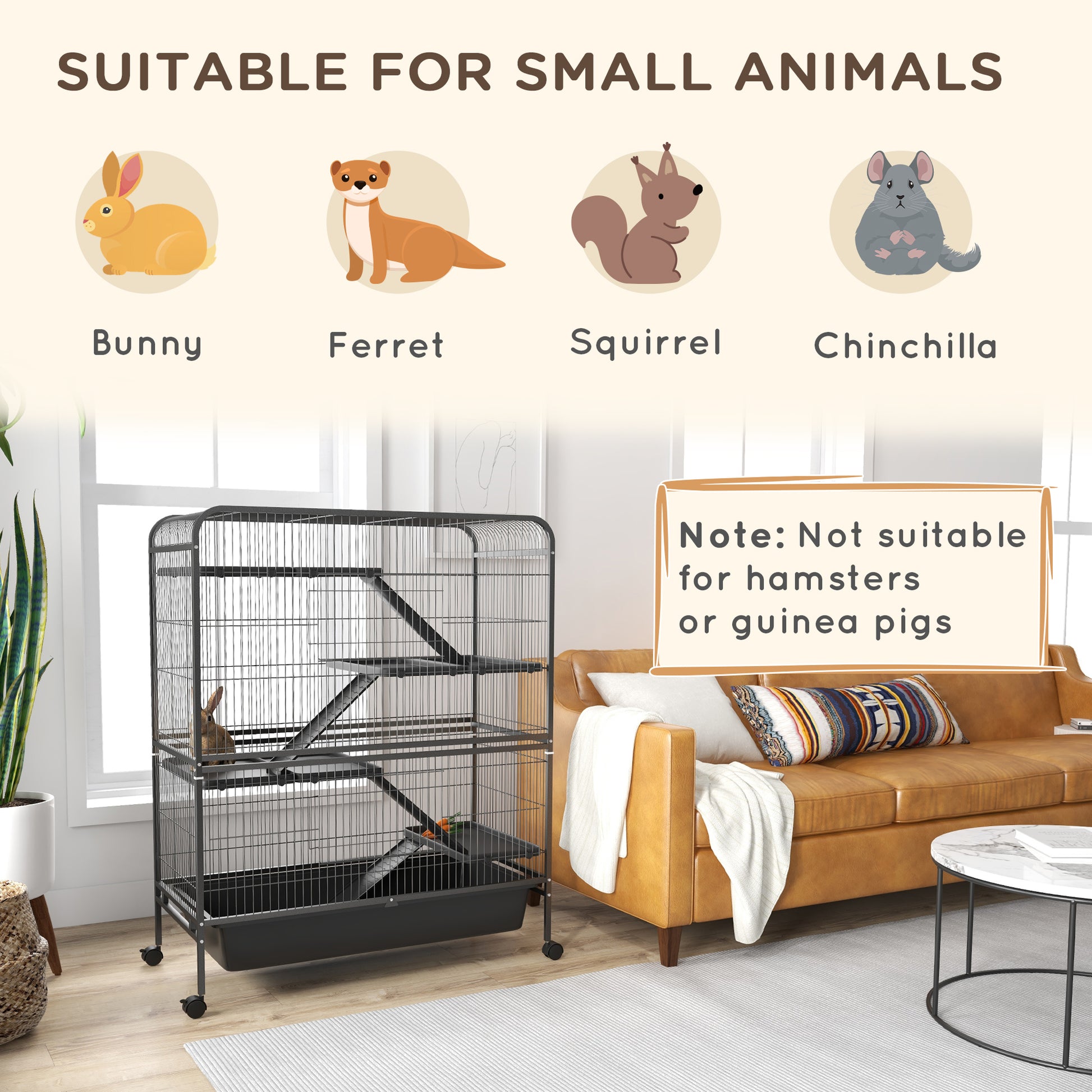 Pawhut 53.5" Small Animal Cage, 5 Level Metal Ferret Or Bunny Cage With Wheels, Chinchilla Cage With Removable Tray, 2 Front Doors, Ramps, Gray Gray Steel