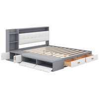 Queen Size Low Profile Platform Bed Frame With Upholstery Headboard And Storage Shelves And Drawers,Usb Charging Design,Gray Queen Gray Solid Wood Mdf