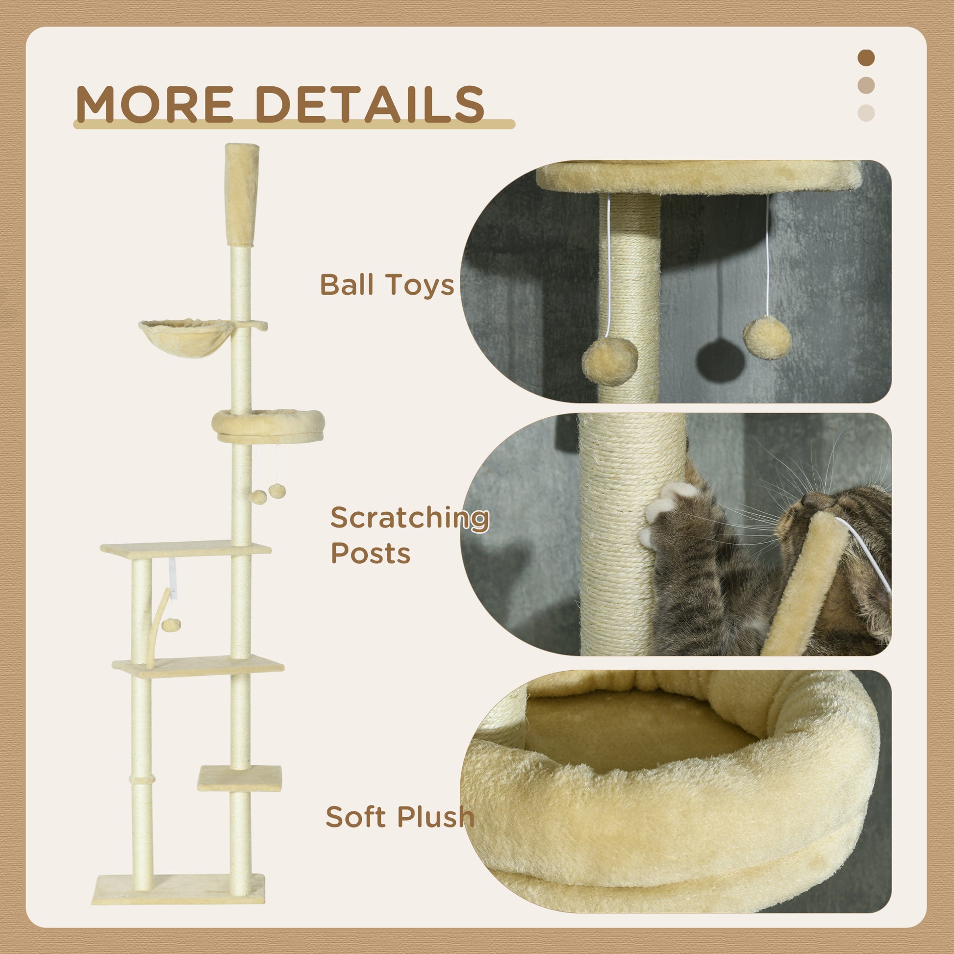 Pawhut Floor To Ceiling Cat Tree, 90.5" 98.5" Adjustable Height, Cat Climbing Tower With Carpeted Platforms, Cozy Bed, Hammock, Scratching Posts, Toy Balls, Activity Center For Kittens, Beige Beige Particle Board