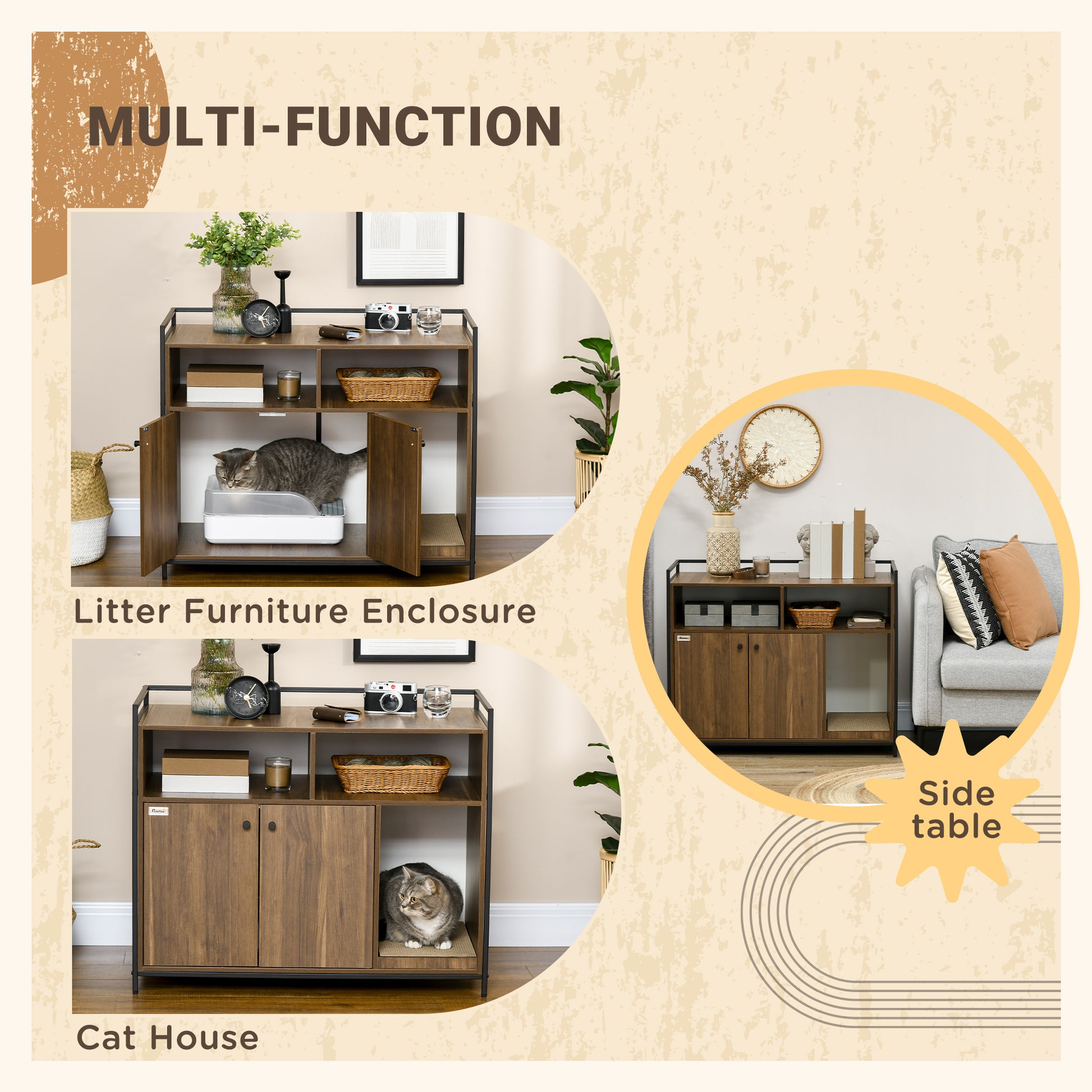 Pawhut Cat Litter Box Cabinet, Hidden Cat Litter Box With Scratching Pad, Storage, Double Doors, Furniture Style, Brown Brown Particle Board