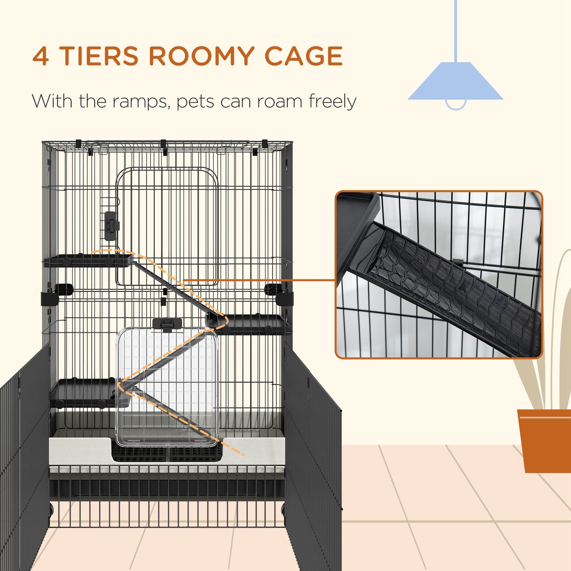 Pawhut 45" Small Animal Cage With Wheels, 4 Level Portable Bunny Cage, Chinchilla Ferret Cage With Removable Tray, Platforms And Ramps, Black Black Steel