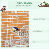 Pawhut 55" Large Parrot Cage With Toy Hooks Above Top Bird Perch, Tray, Food Cups, Rolling Stand, Bird Cage For Cockatiels, Parakeets, Lovebirds White Steel