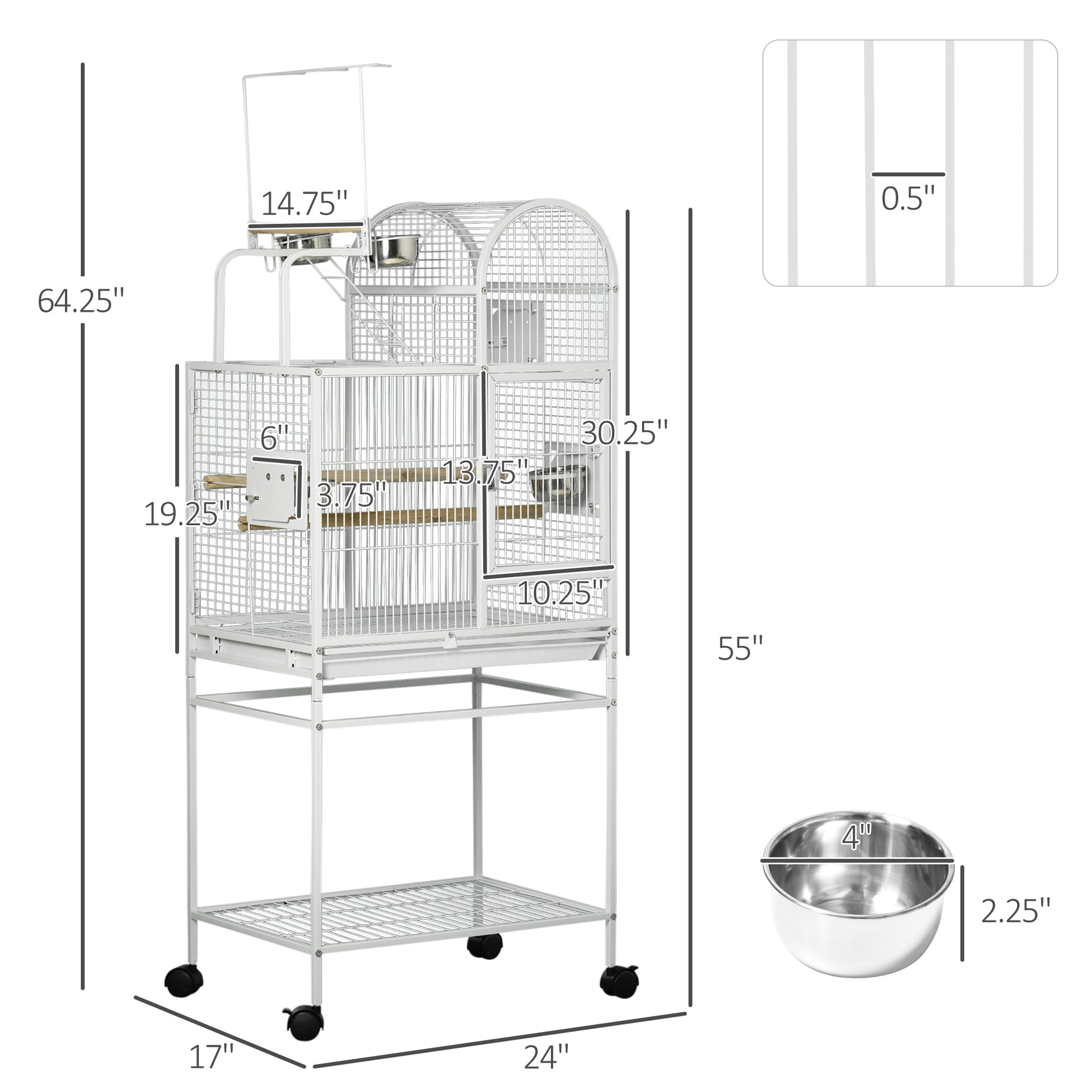 Pawhut 55" Large Parrot Cage With Toy Hooks Above Top Bird Perch, Tray, Food Cups, Rolling Stand, Bird Cage For Cockatiels, Parakeets, Lovebirds White Steel