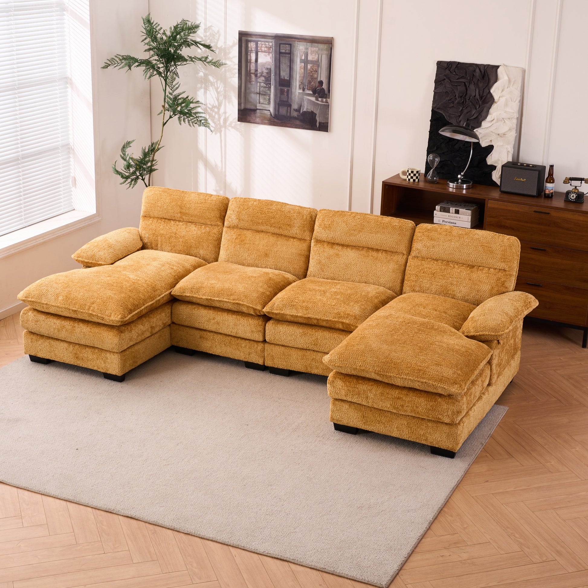 U Shaped Profile Sofa, Including Two Single Seats And Two Chaise, Modular Sofa, Chenille Sofa,Yellow Yellow Foam Polyester 4 Seat