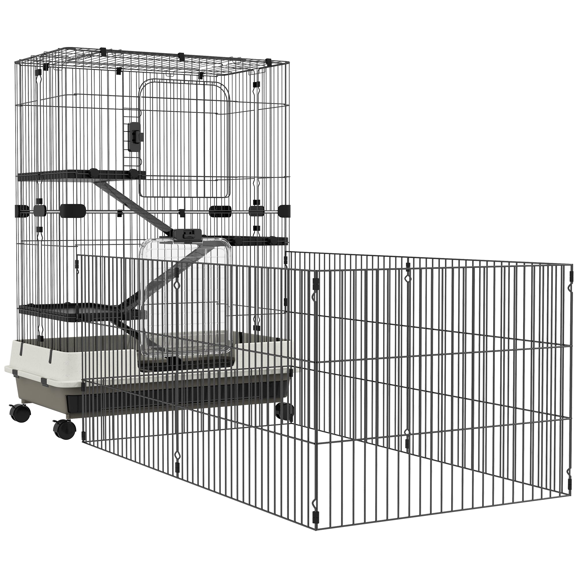 Pawhut 45" Small Animal Cage With Wheels, 4 Level Portable Bunny Cage, Chinchilla Ferret Cage With Removable Tray, Platforms And Ramps, Black Black Steel