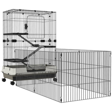 Pawhut 45" Small Animal Cage With Wheels, 4 Level Portable Bunny Cage, Chinchilla Ferret Cage With Removable Tray, Platforms And Ramps, Black Black Steel