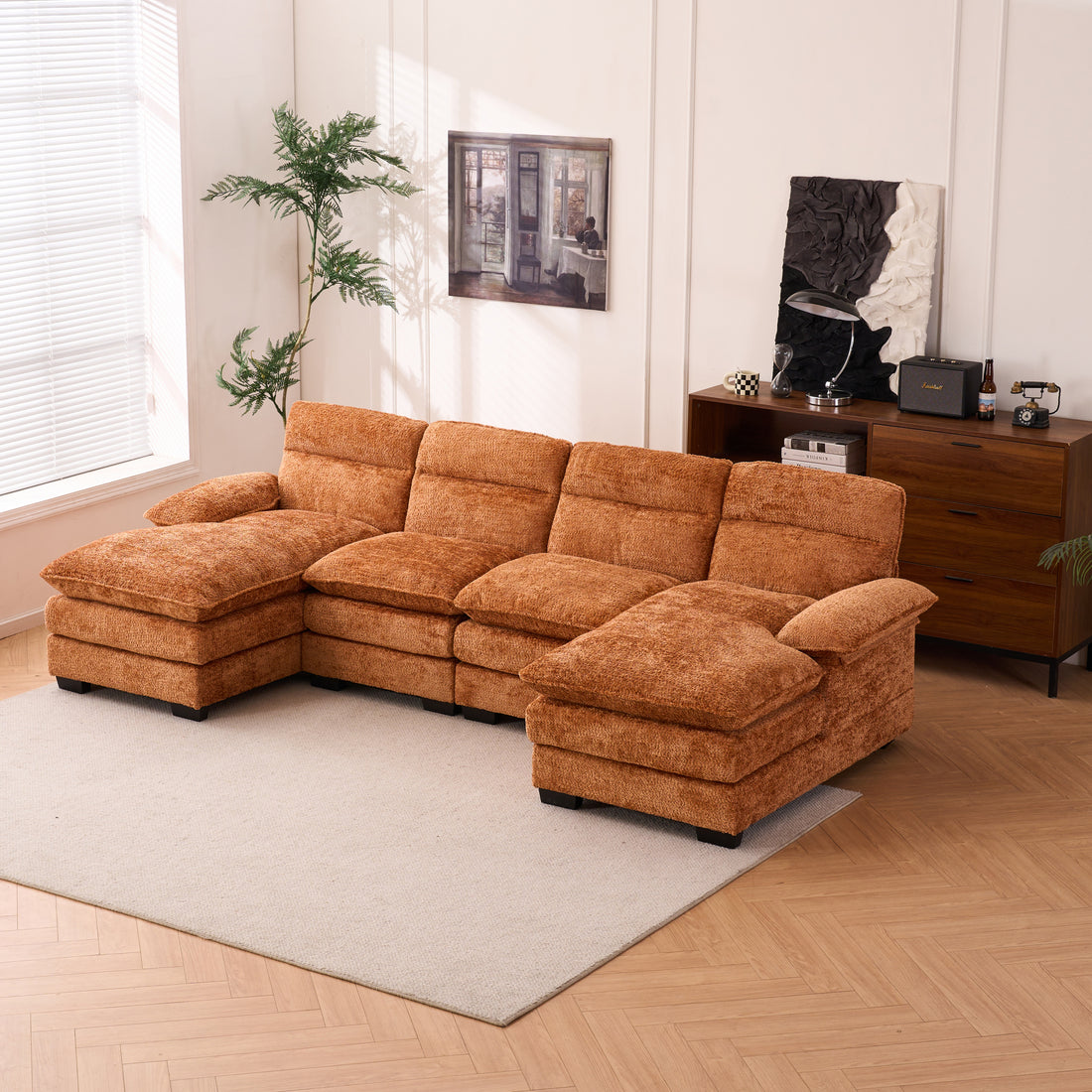 U Shaped Profile Sofa, Including Two Single Seats And Two Chaise, Modular Sofa, Chenille Sofa,Orange Orange Foam Polyester 4 Seat