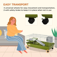 Pawhut 35"L Small Animal Cage, Rolling Bunny Cage, Guinea Pig Cage With Food Dish, Water Bottle, Hay Feeder, Platform, Ramp For Ferret Chinchilla, Green Green Steel