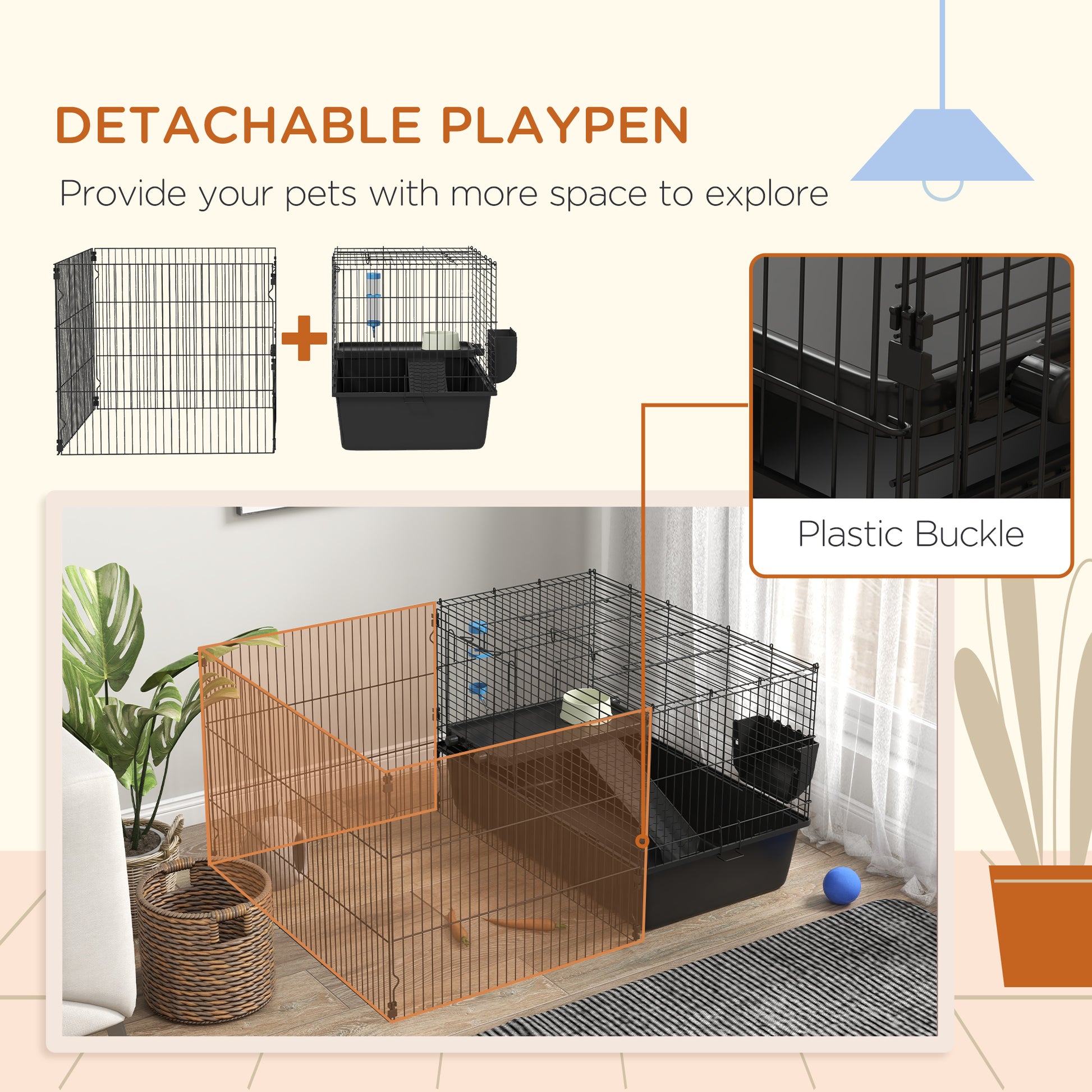 Pawhut Small Animal Cage With Playpen, Pet Habitat Indoor For Guinea Pigs Hedgehogs Bunnies With Accessories, Water Bottle, Food Dish, Feeding Trough, 42" X 33" X 21" Black Steel