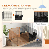Pawhut Small Animal Cage With Playpen, Pet Habitat Indoor For Guinea Pigs Hedgehogs Bunnies With Accessories, Water Bottle, Food Dish, Feeding Trough, 42" X 33" X 21" Black Steel