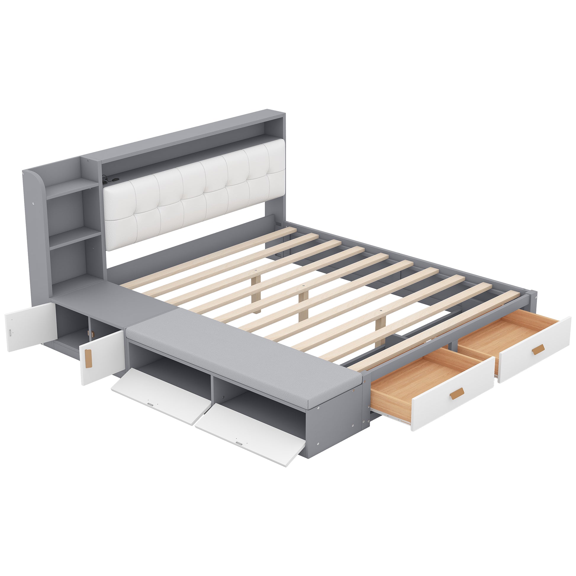 Queen Size Low Profile Platform Bed Frame With Upholstery Headboard And Storage Shelves And Drawers,Usb Charging Design,Gray Queen Gray Solid Wood Mdf