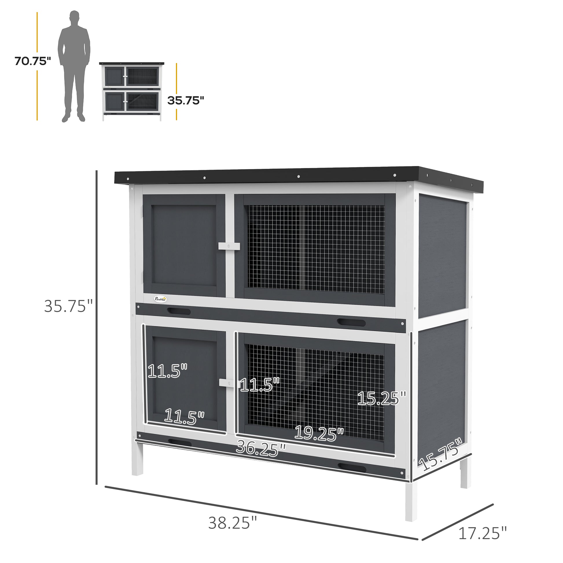 Pawhut Wooden Bunny Rabbit Hutch, Small Animal Habitat With Ramp, Removable Tray & Weatherproof Roof, Indoor Outdoor, Gray Grey Wood