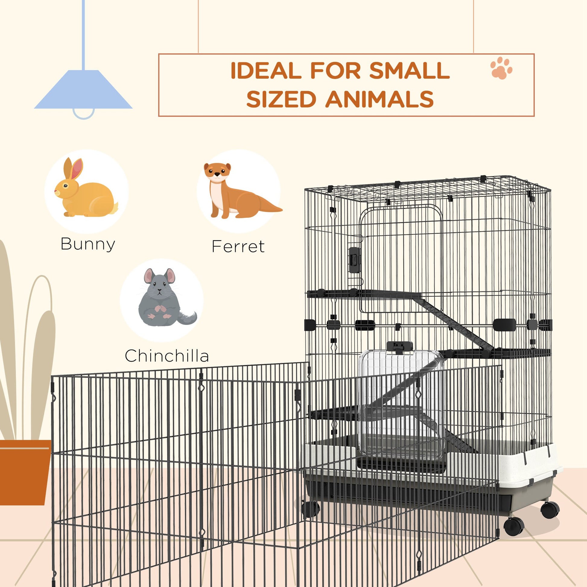 Pawhut 45" Small Animal Cage With Wheels, 4 Level Portable Bunny Cage, Chinchilla Ferret Cage With Removable Tray, Platforms And Ramps, Black Black Steel