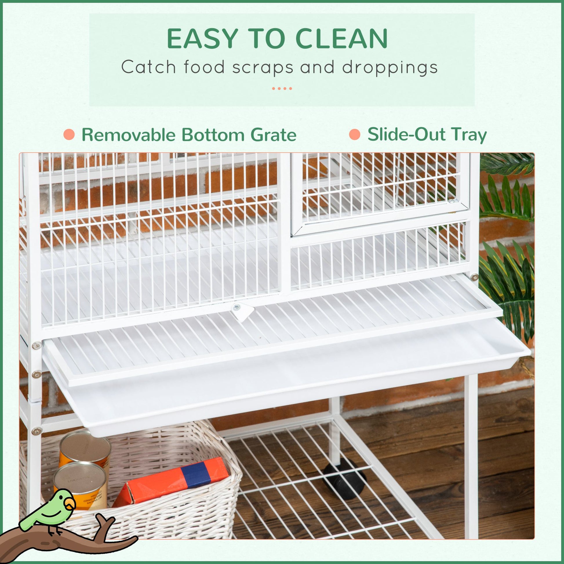 Pawhut 55" Large Parrot Cage With Toy Hooks Above Top Bird Perch, Tray, Food Cups, Rolling Stand, Bird Cage For Cockatiels, Parakeets, Lovebirds White Steel