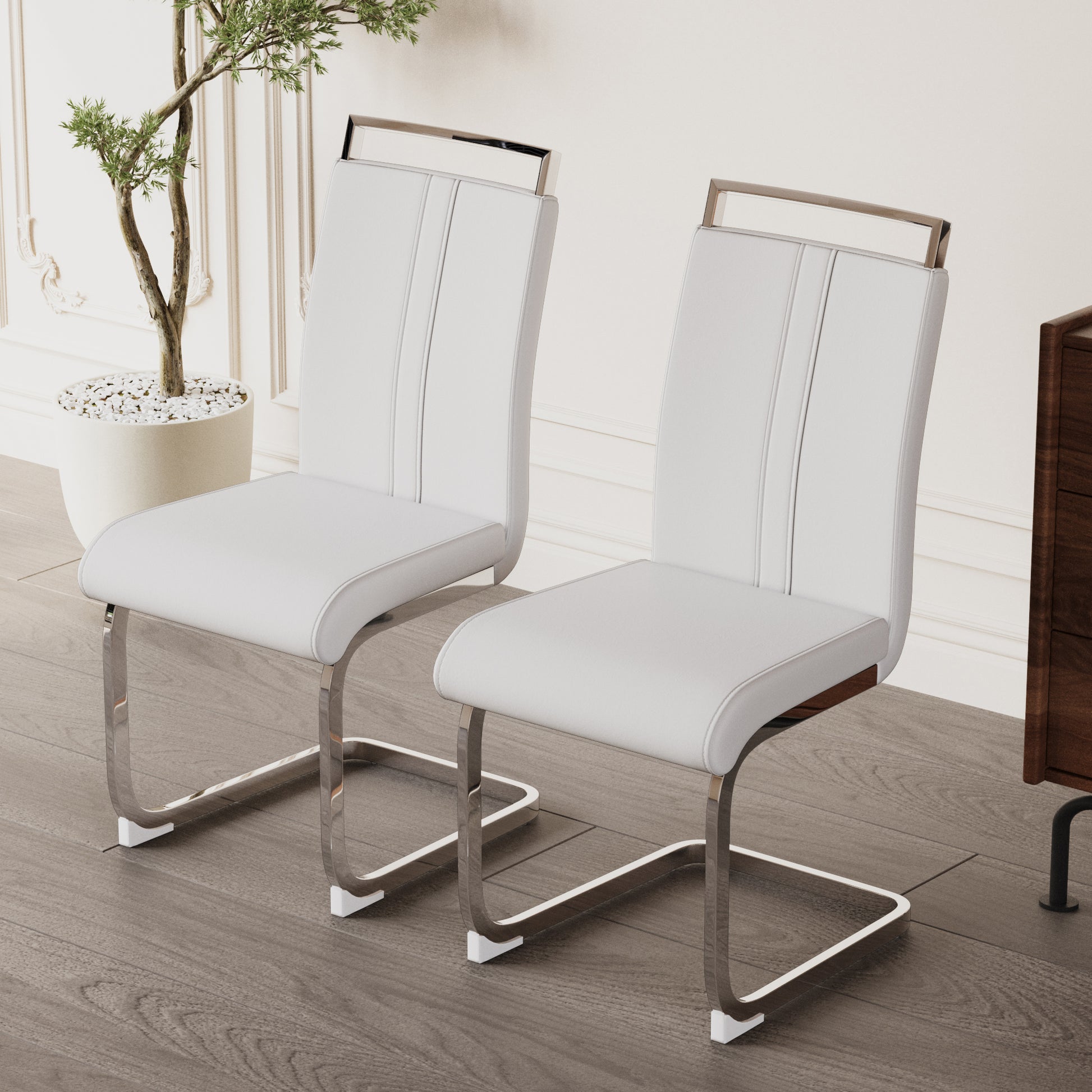 Modern Dining Chairs,Pu Faux Leather High Back Upholstered Side Chair With C Shaped Tube Plating Metal Legs For Dining Room Kitchen Vanity Patio Club Guest Office Chair Set Of 2 White Pu Leather