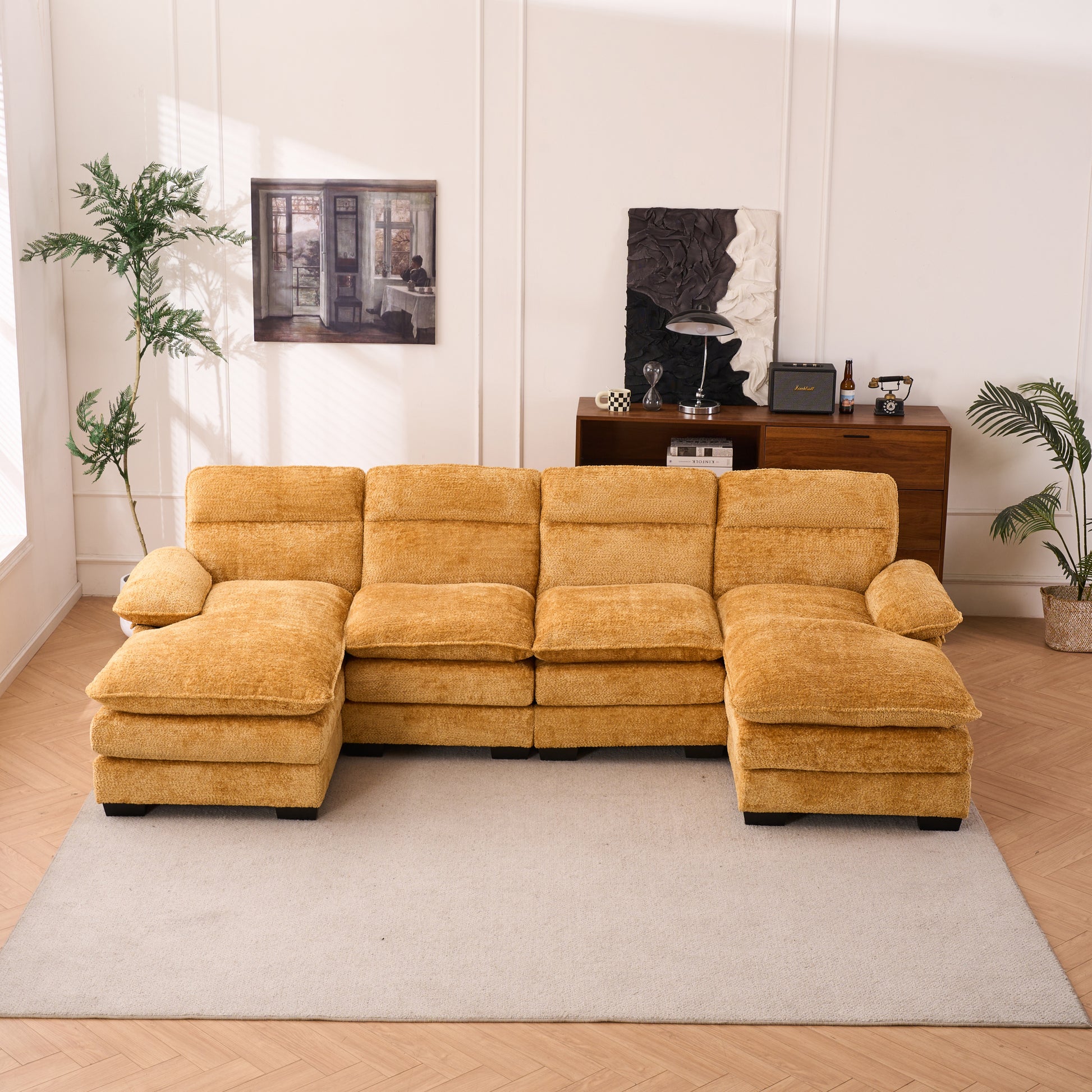 U Shaped Profile Sofa, Including Two Single Seats And Two Chaise, Modular Sofa, Chenille Sofa,Yellow Yellow Foam Polyester 4 Seat