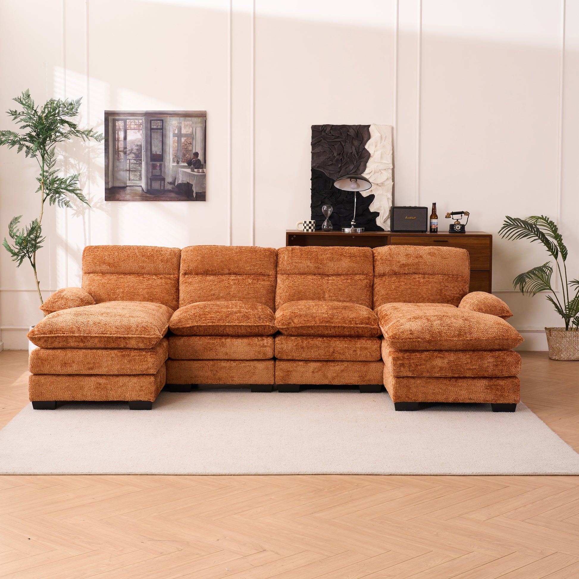 U Shaped Profile Sofa, Including Two Single Seats And Two Chaise, Modular Sofa, Chenille Sofa,Orange Orange Foam Polyester 4 Seat