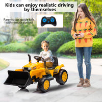 12V Kids Ride On Tractor Electric Excavator Battery Powered Motorized Car For Kids Ages 3 6, With Front Loader, Digging Handle, Remote Control, & Bright Headlight, Yellow Yellow Polyvinyl Chloride