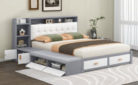 Queen Size Low Profile Platform Bed Frame With Upholstery Headboard And Storage Shelves And Drawers,Usb Charging Design,Gray Queen Gray Solid Wood Mdf
