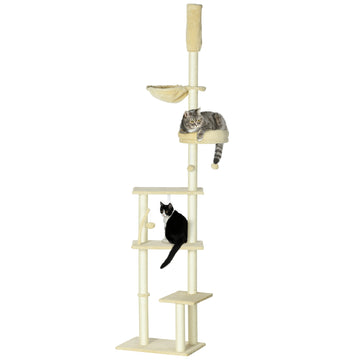 Pawhut Floor To Ceiling Cat Tree, 90.5" 98.5" Adjustable Height, Cat Climbing Tower With Carpeted Platforms, Cozy Bed, Hammock, Scratching Posts, Toy Balls, Activity Center For Kittens, Beige Beige Particle Board