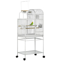 Pawhut 55" Large Parrot Cage With Toy Hooks Above Top Bird Perch, Tray, Food Cups, Rolling Stand, Bird Cage For Cockatiels, Parakeets, Lovebirds White Steel