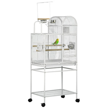 Pawhut 55" Large Parrot Cage With Toy Hooks Above Top Bird Perch, Tray, Food Cups, Rolling Stand, Bird Cage For Cockatiels, Parakeets, Lovebirds White Steel