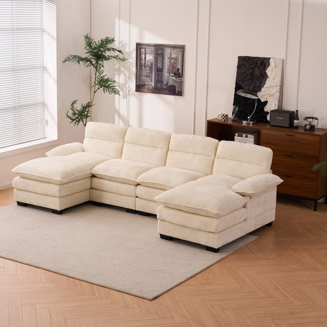 U Shaped Profile Sofa, Including Two Single Seats And Two Chaise, Modular Sofa, Chenille Sofa,White White Foam Polyester 4 Seat