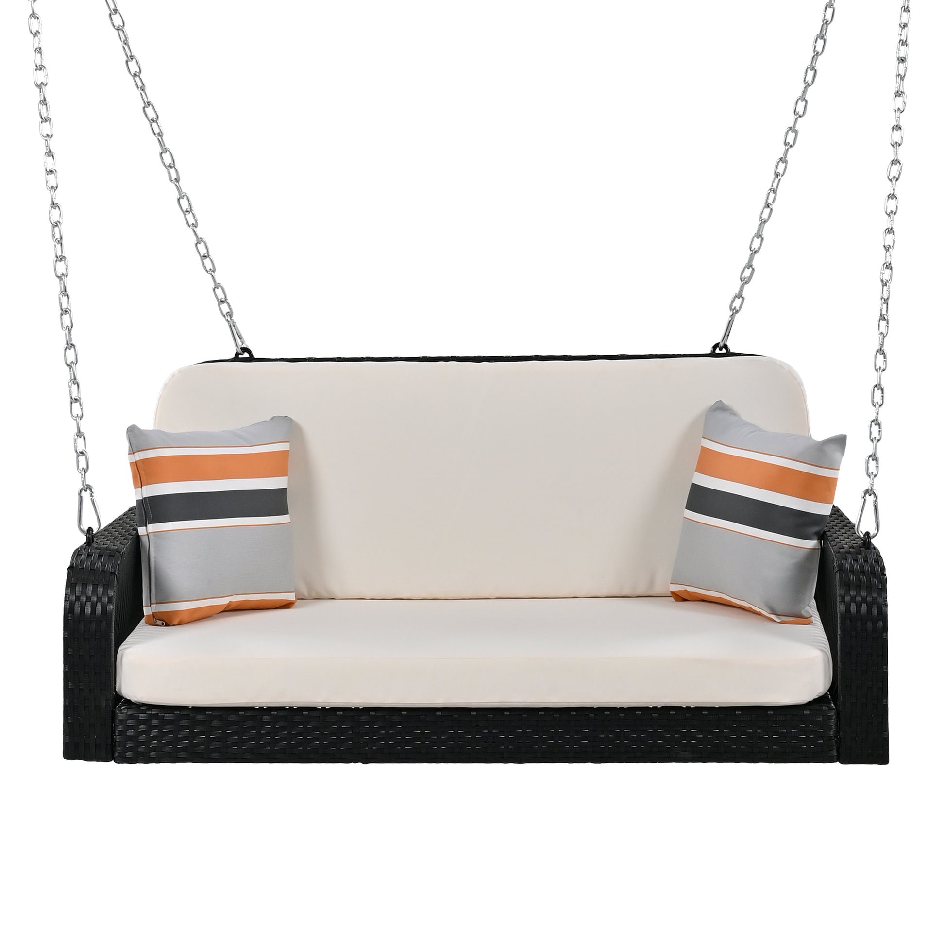 Pe Wicker Porch Swing, 2 Seater Hanging Bench With Chains, Patio Furniture Swing For Backyard Garden Poolside, Black And Beige Beige Black Foam Wicker